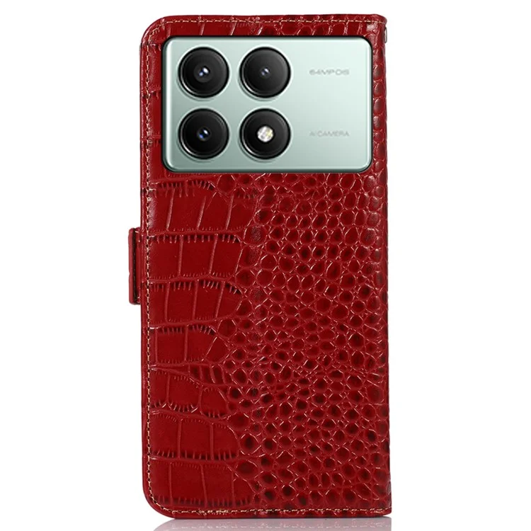 Para Xiaomi Redmi K70E 5G / Poco X6 Pro 5G Capa RFID Blocking Wallet Genuine Cow Leather Phone Cover - Vermelho