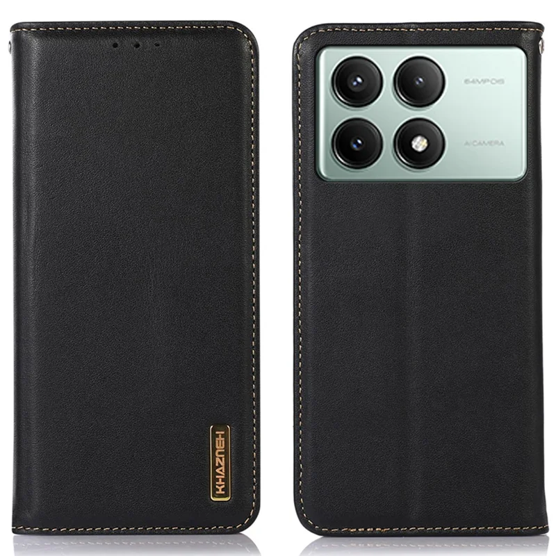 KHAZNEH For Xiaomi Redmi K70E 5G / Poco X6 Pro 5G Cell Phone Case Genuine Cow Leather RFID Blocking Shell - Black