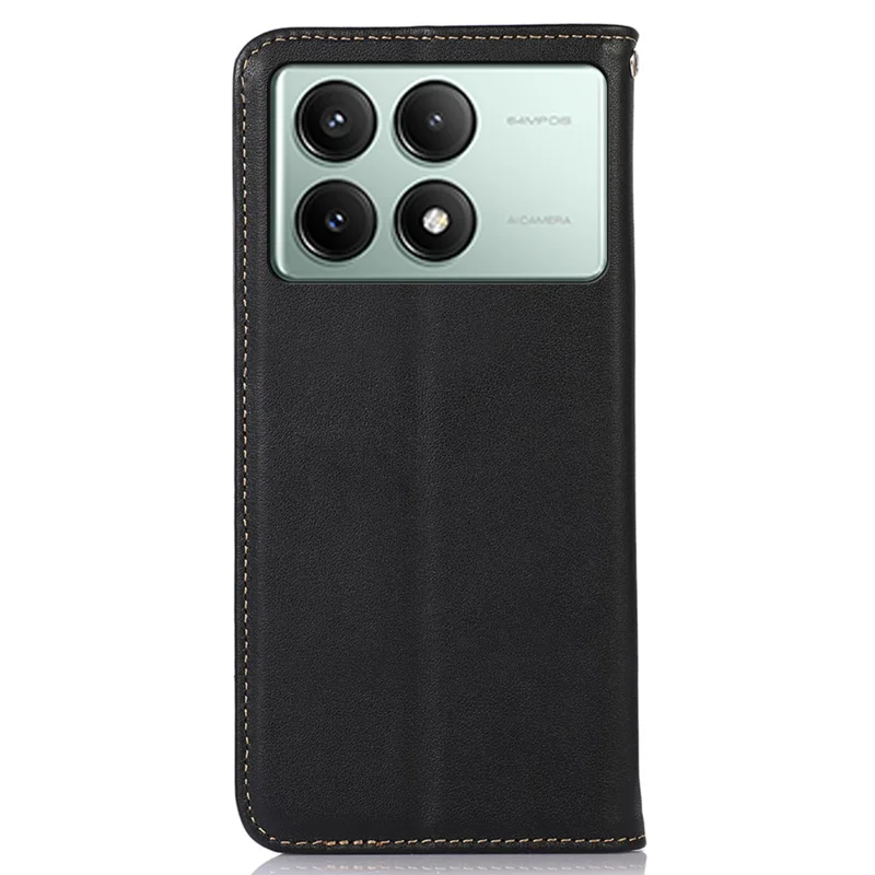 KHAZNEH For Xiaomi Redmi K70E 5G / Poco X6 Pro 5G Cell Phone Case Genuine Cow Leather RFID Blocking Shell - Black