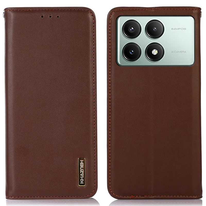 KHAZNEH For Xiaomi Redmi K70E 5G / Poco X6 Pro 5G Cell Phone Case Genuine Cow Leather RFID Blocking Shell - Brown