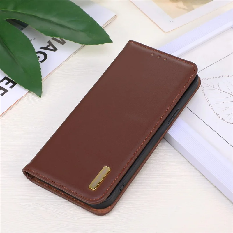 KHAZNEH For Xiaomi Redmi K70E 5G / Poco X6 Pro 5G Cell Phone Case Genuine Cow Leather RFID Blocking Shell - Brown