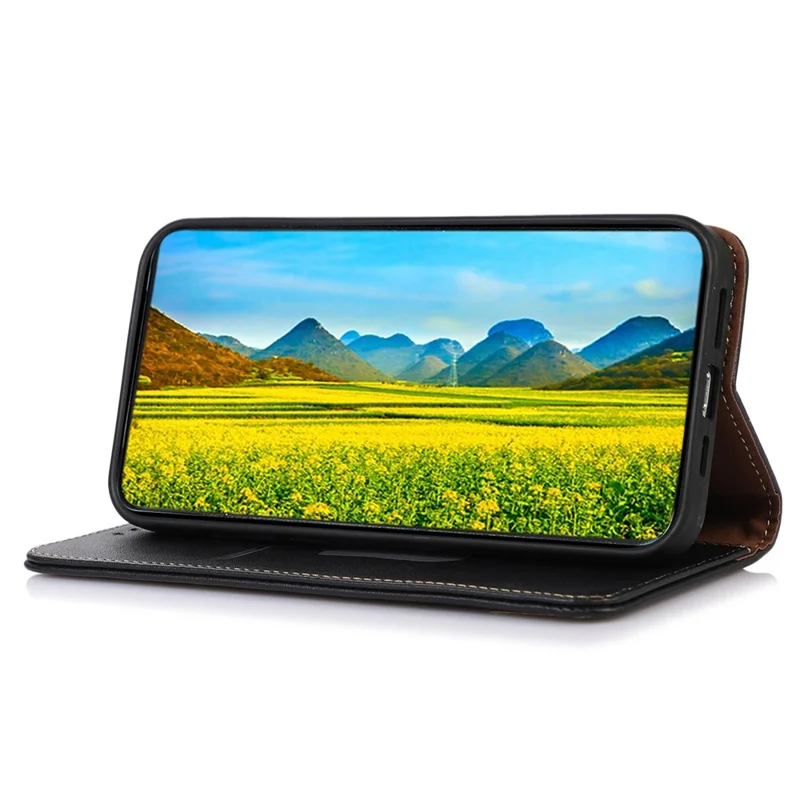 KHAZNEH For Xiaomi Redmi Note 13 Pro 4G / Poco M6 Pro 4G Phone Case Nappa Texture Genuine Cow Leather Cover - Black