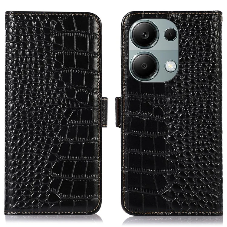 Para Xiaomi Redmi Note 13 Pro 4G / Poco M6 Pro 4G Genuine Cow Leather Case RFID Blocking Phone Cover - Preto