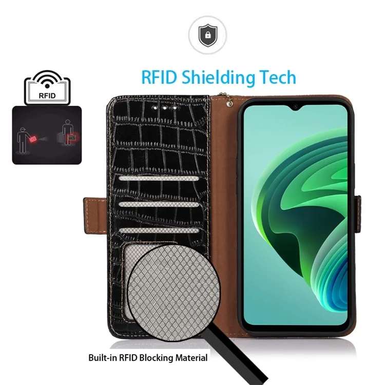 Para Xiaomi Redmi Note 13 Pro 4G / Poco M6 Pro 4G Genuine Cow Leather Case RFID Blocking Phone Cover - Preto