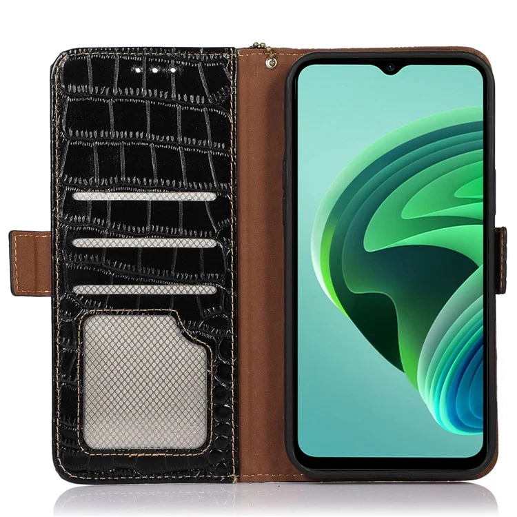 Para Xiaomi Redmi Note 13 Pro 4G / Poco M6 Pro 4G Genuine Cow Leather Case RFID Blocking Phone Cover - Preto