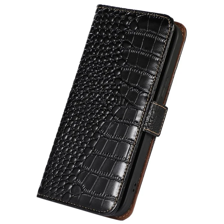 Para Xiaomi Redmi Note 13 Pro 4G / Poco M6 Pro 4G Genuine Cow Leather Case RFID Blocking Phone Cover - Preto
