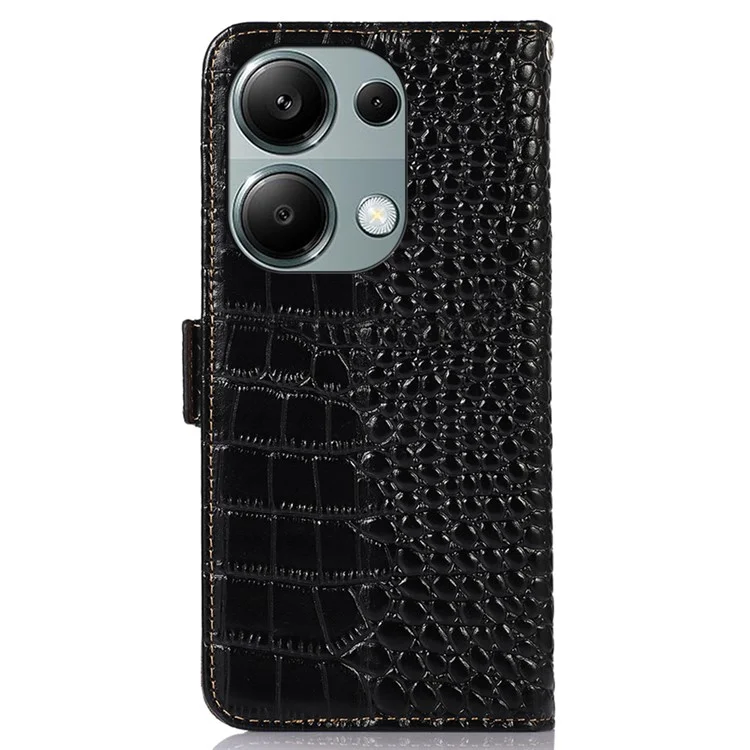 Para Xiaomi Redmi Note 13 Pro 4G / Poco M6 Pro 4G Genuine Cow Leather Case RFID Blocking Phone Cover - Preto