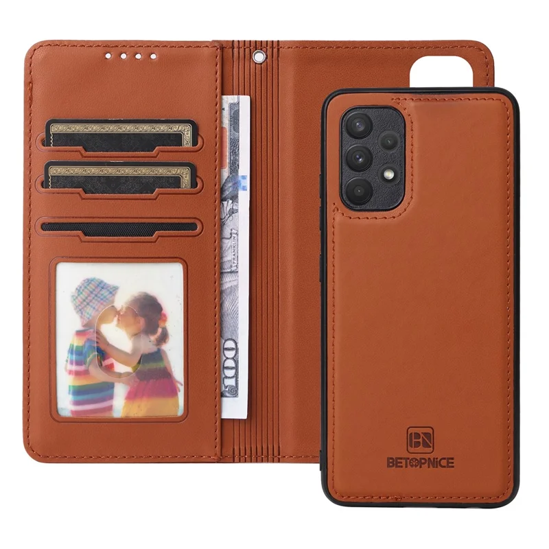 For Samsung Galaxy A32 4G (EU) Magnetic Case BETOPNICE Detachable PU Leather Phone Cover with Strap - Brown