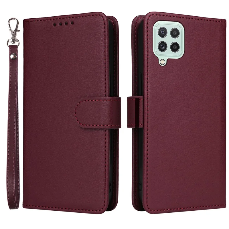 For Samsung Galaxy A22 4G (EU) / M22 / F22 / M32 (Global) 4G Magnetic Case BETOPNICE Detachable PU Leather Phone Cover with Strap - Wine Red