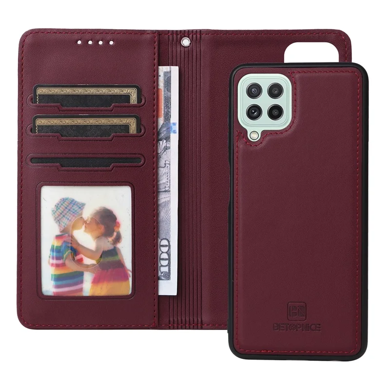 For Samsung Galaxy A22 4G (EU) / M22 / F22 / M32 (Global) 4G Magnetic Case BETOPNICE Detachable PU Leather Phone Cover with Strap - Wine Red