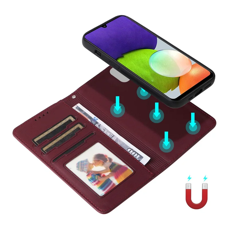 For Samsung Galaxy A22 4G (EU) / M22 / F22 / M32 (Global) 4G Magnetic Case BETOPNICE Detachable PU Leather Phone Cover with Strap - Wine Red