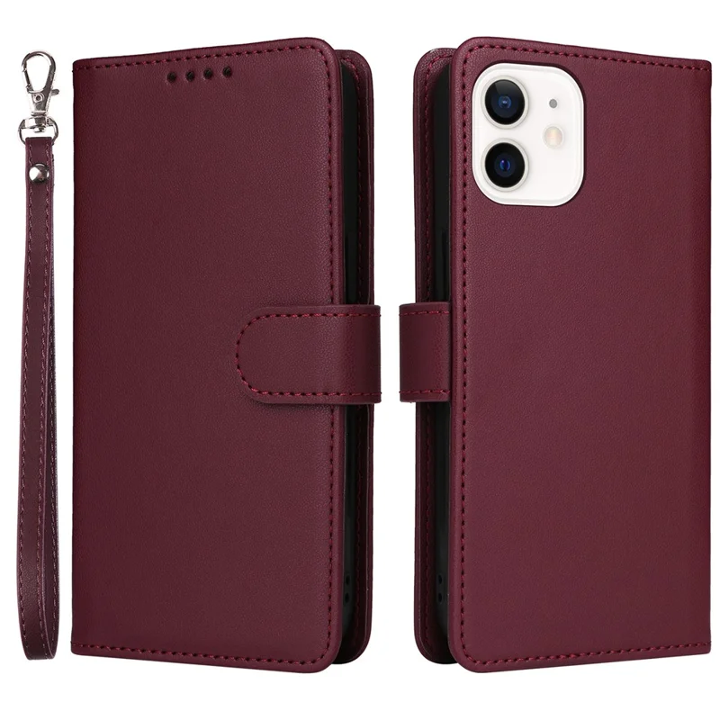 Betopnice 005 Para Iphone 12 Mini de 5.4 Pulgadas Case de Teléfonos Celulares Cubierta de Billetera de Cuero Desmontable - Vino Rojo