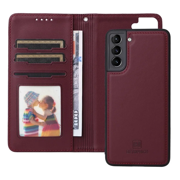 BETOPNICE 005 For Samsung Galaxy S21+ 5G Cell Phone Case Magnetic Detachable Leather Wallet Cover - Wine Red