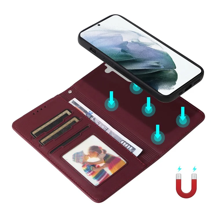 BETOPNICE 005 Чехол для телефона Samsung Galaxy S21+ 5G - Винно-красный кожаный бумажник с магнитным съемным покрытием