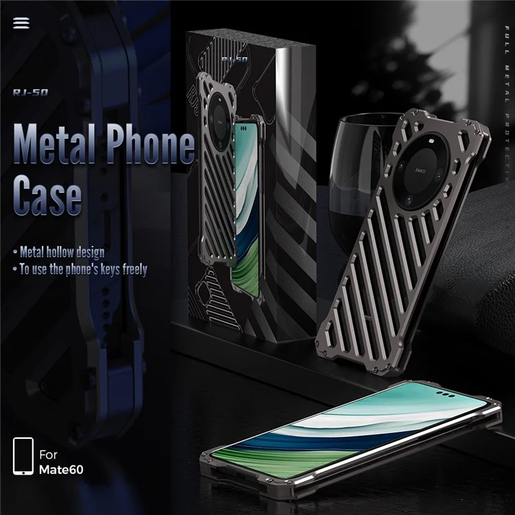 R-JUST RJ-50 For Huawei Mate 60 Cell Phone Case Hollow Aluminum Alloy Anti-drop Cover with Lens Protector