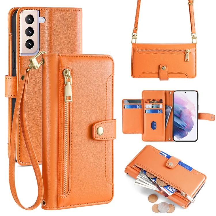 For Samsung Galaxy S21+ 5G Cell Phone Case Textured Wallet Stand Leather Phone Cover with 2 Straps - Orange