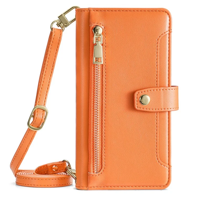 For Samsung Galaxy S21+ 5G Cell Phone Case Textured Wallet Stand Leather Phone Cover with 2 Straps - Orange