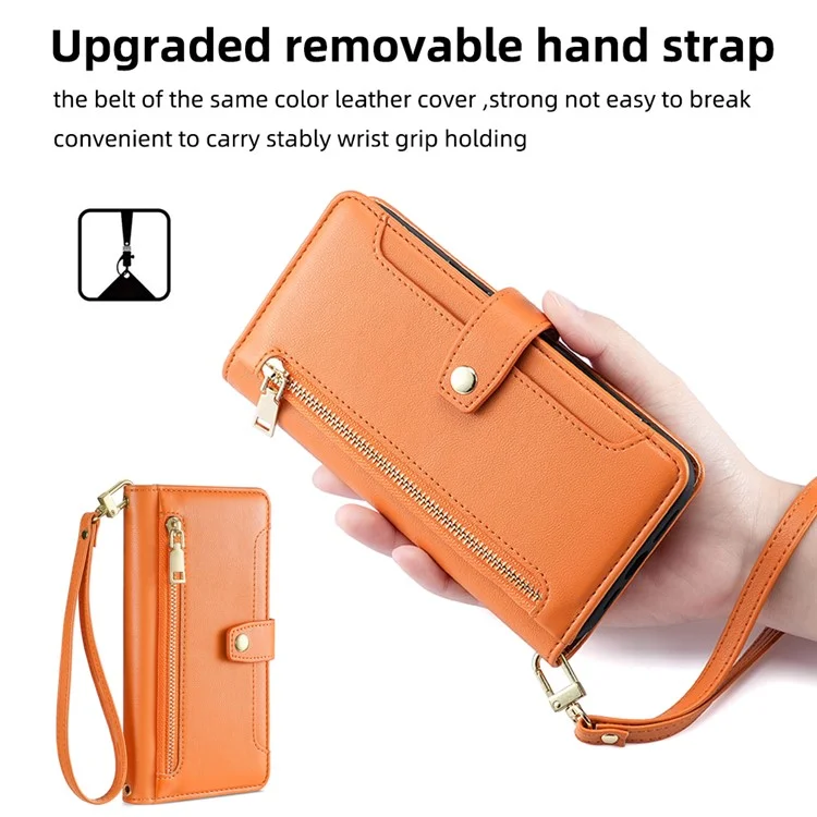 For Samsung Galaxy S21+ 5G Cell Phone Case Textured Wallet Stand Leather Phone Cover with 2 Straps - Orange