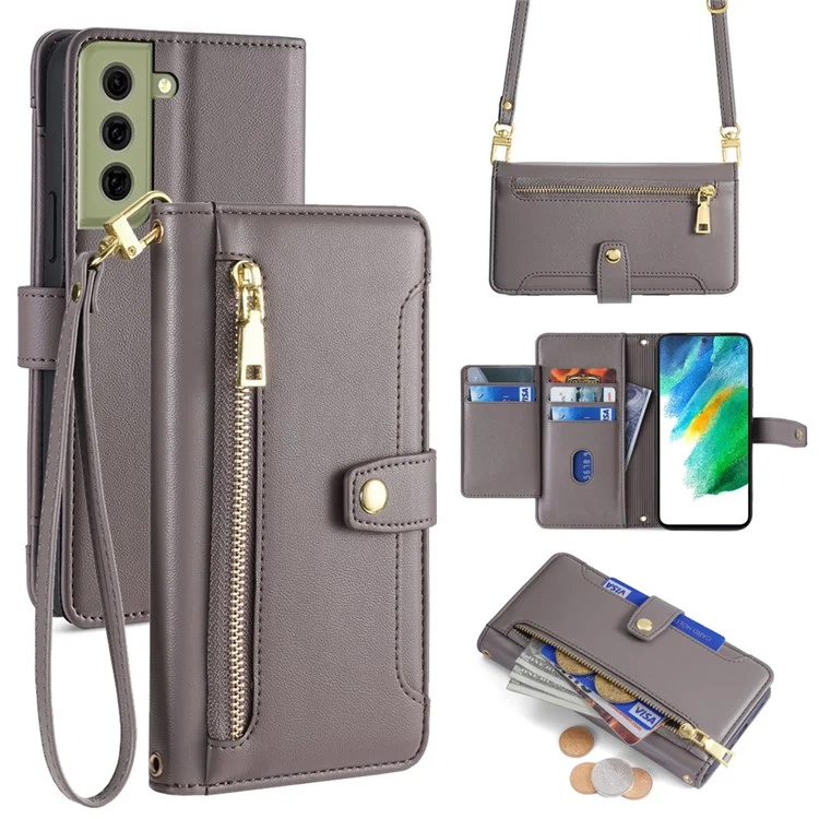 Per Samsung Galaxy S21 FE 5G Custodia per cellulare Antiurto in pelle con portafoglio Custodia per telefono con 2 cinghie - Grigio