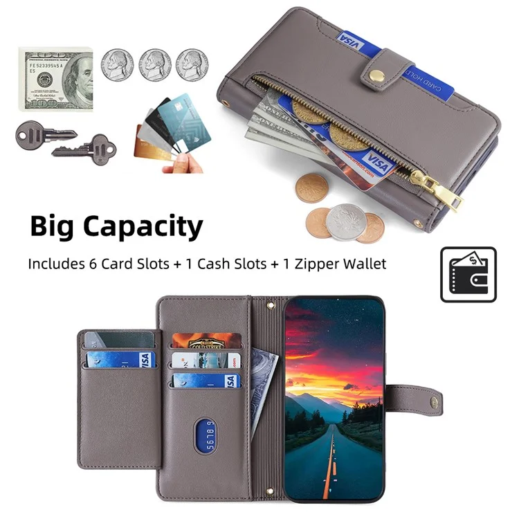Per Samsung Galaxy S21 FE 5G Custodia per cellulare Antiurto in pelle con portafoglio Custodia per telefono con 2 cinghie - Grigio