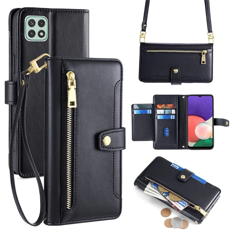 For Samsung Galaxy A22 5G (EU Version) Cell Phone Case PU Leather Cover with Long and Short Strap - Black