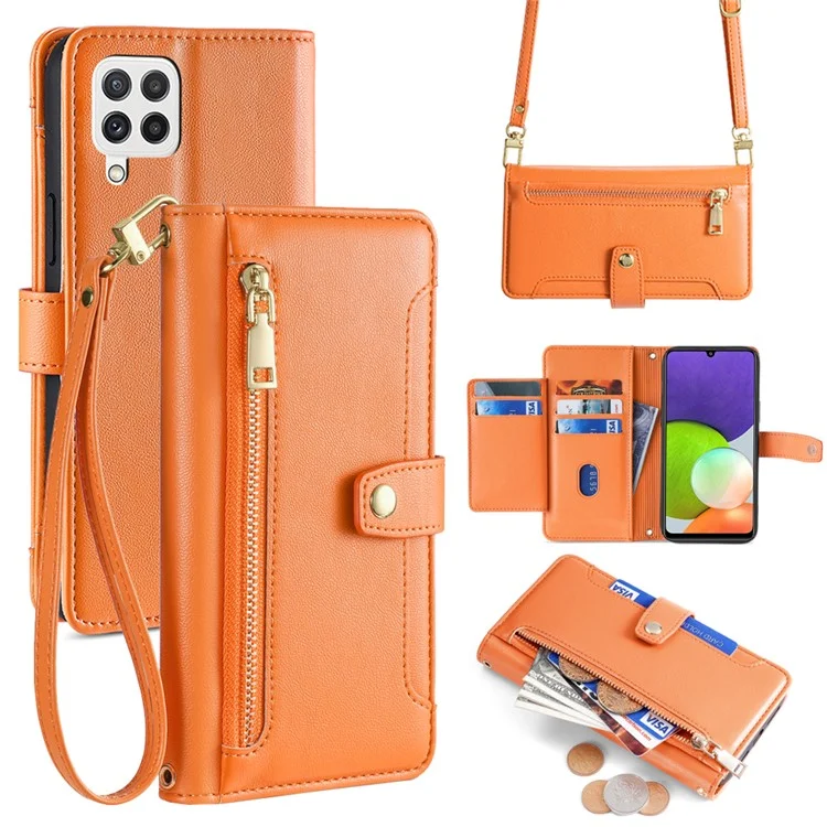 For Samsung Galaxy A22 4G (EU Version) Cell Phone Case Anti-shock PU Leather Wallet Cover with 2 Straps - Orange