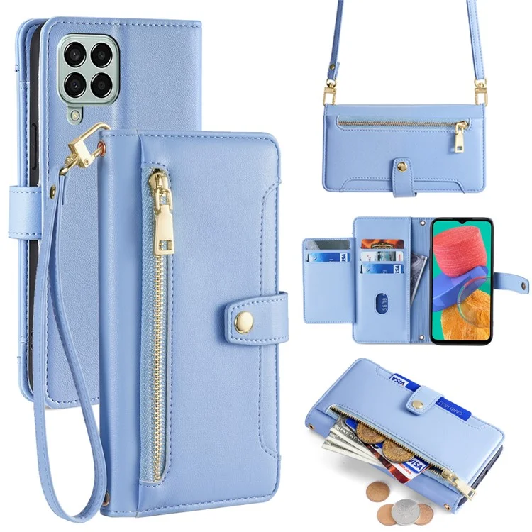 Para o Samsung Galaxy M33 5G (Versão Global) Capa de Telefone Celular Couro Texturizado Capa de Pé com 2 Alças - Azul