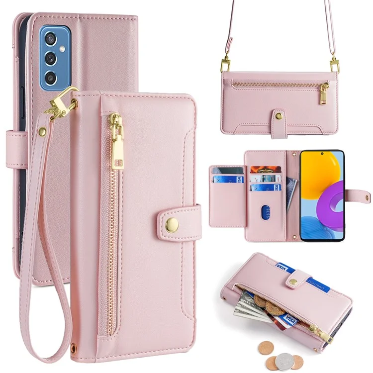 For Samsung Galaxy M52 5G Cell Phone Case Zipper Pocket Drop-proof Leather Wallet Stand Cover - Pink