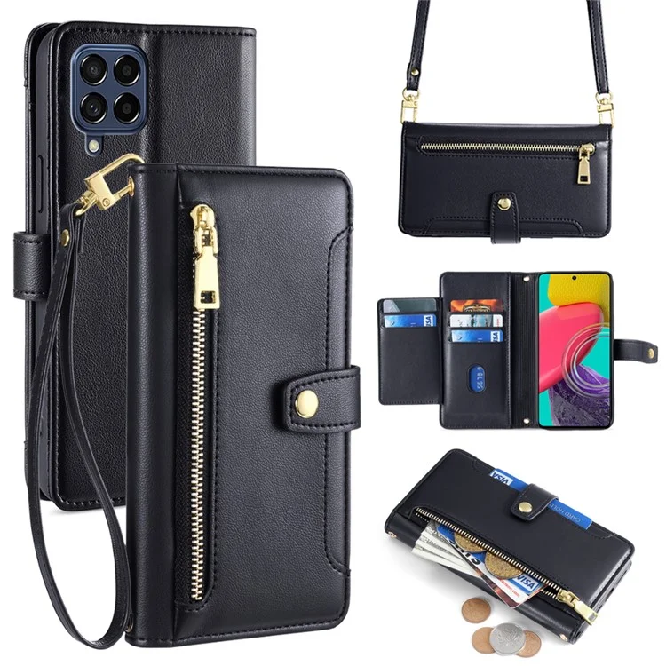 For Samsung Galaxy M53 5G Wallet Case Zipper Pocket Leather Anti-fall Phone Cover - Black