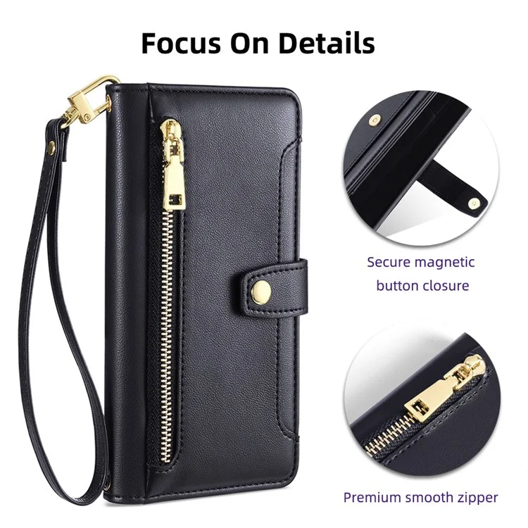 For Samsung Galaxy M53 5G Wallet Case Zipper Pocket Leather Anti-fall Phone Cover - Black