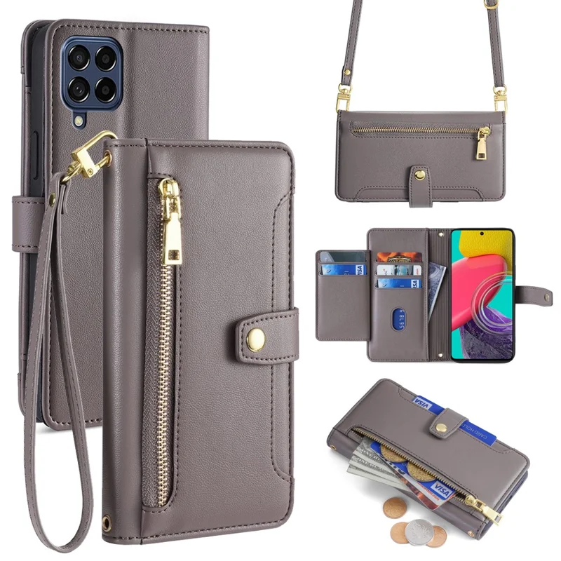 For Samsung Galaxy M53 5G Wallet Case Zipper Pocket Leather Anti-fall Phone Cover - Grey