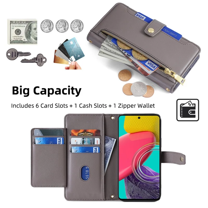 For Samsung Galaxy M53 5G Wallet Case Zipper Pocket Leather Anti-fall Phone Cover - Grey