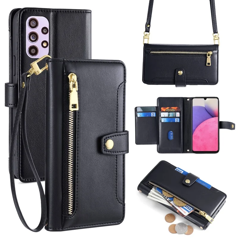 Para Samsung Galaxy A33 5G Case Zipper Pocket Stand Phone Cover com Alça de Ombro - Preto