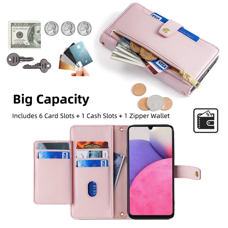 For Samsung Galaxy A33 5G Case Zipper Pocket Stand Phone Cover with Shoulder Strap - Pink