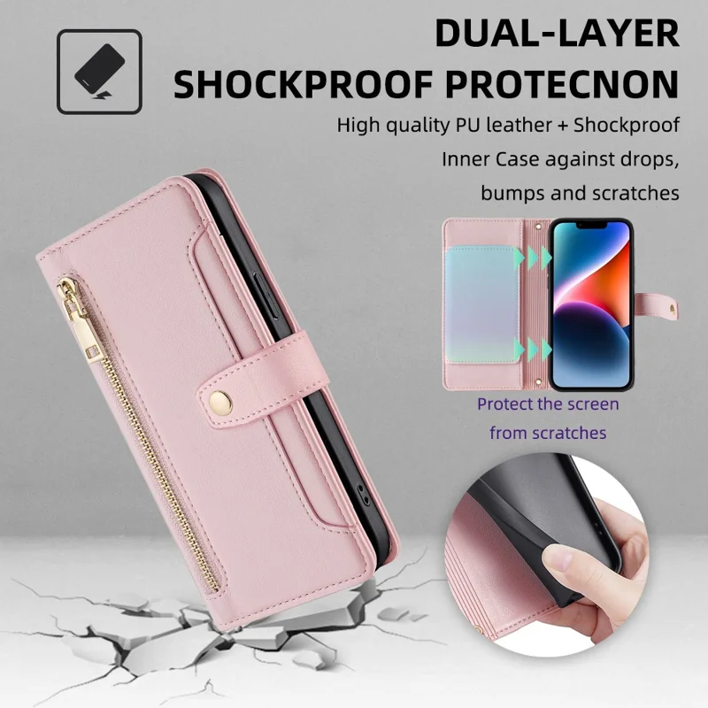 For Samsung Galaxy A33 5G Case Zipper Pocket Stand Phone Cover with Shoulder Strap - Pink