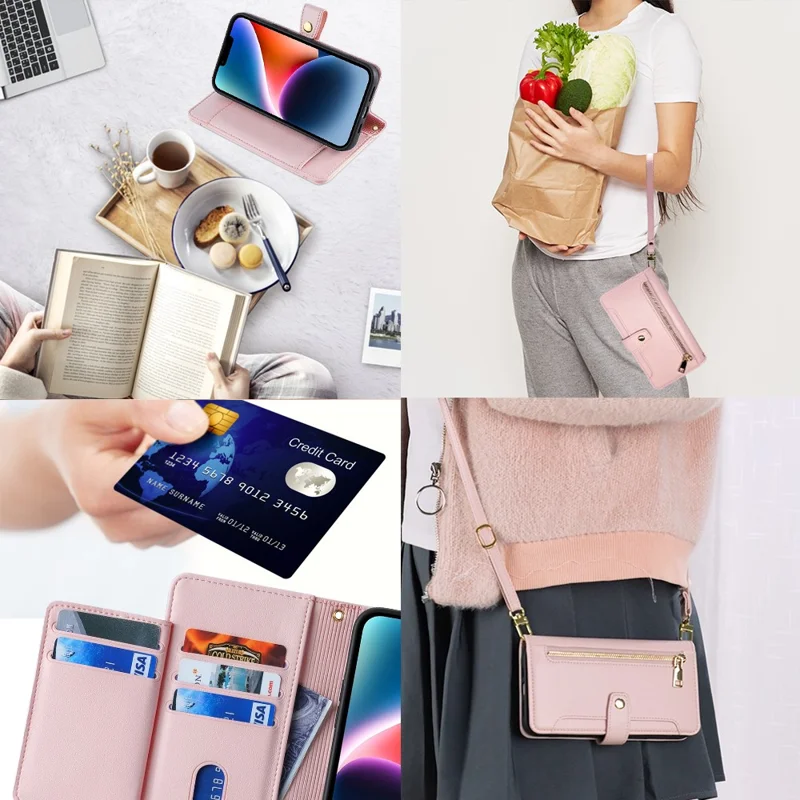 For Samsung Galaxy A33 5G Case Zipper Pocket Stand Phone Cover with Shoulder Strap - Pink