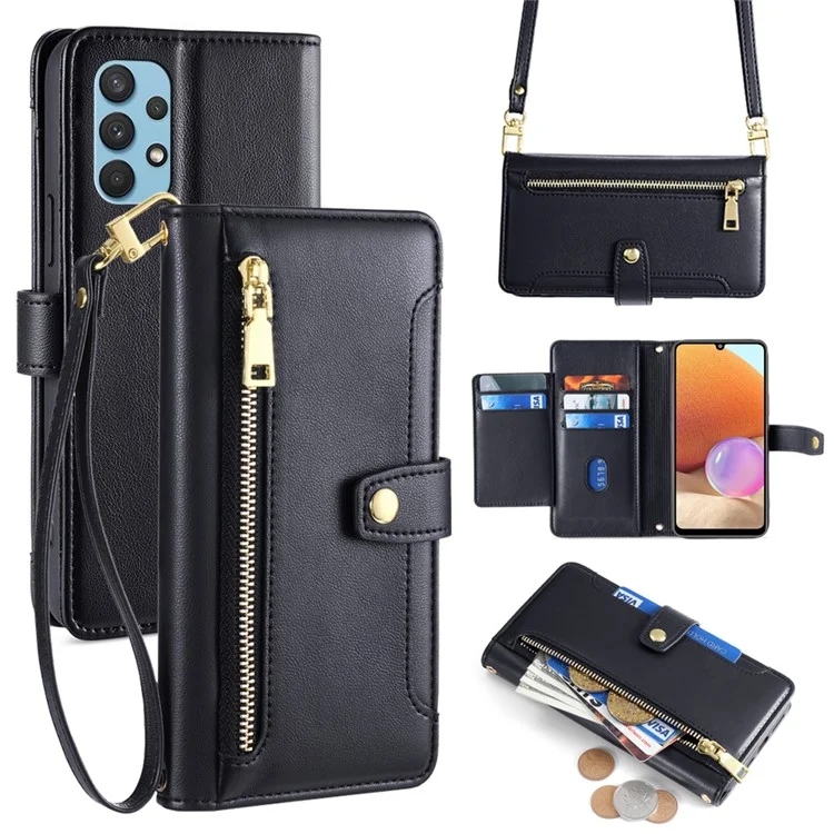 For Samsung Galaxy A32 4G (EU Version) Cell Phone Case Zipper Pocket Leather Cover with Wrist Strap - Black