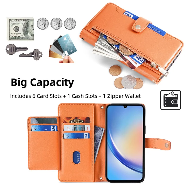 Wallet Case for Samsung Galaxy A34 5G Shell Scratch-proof Leather Phone Cover - Orange