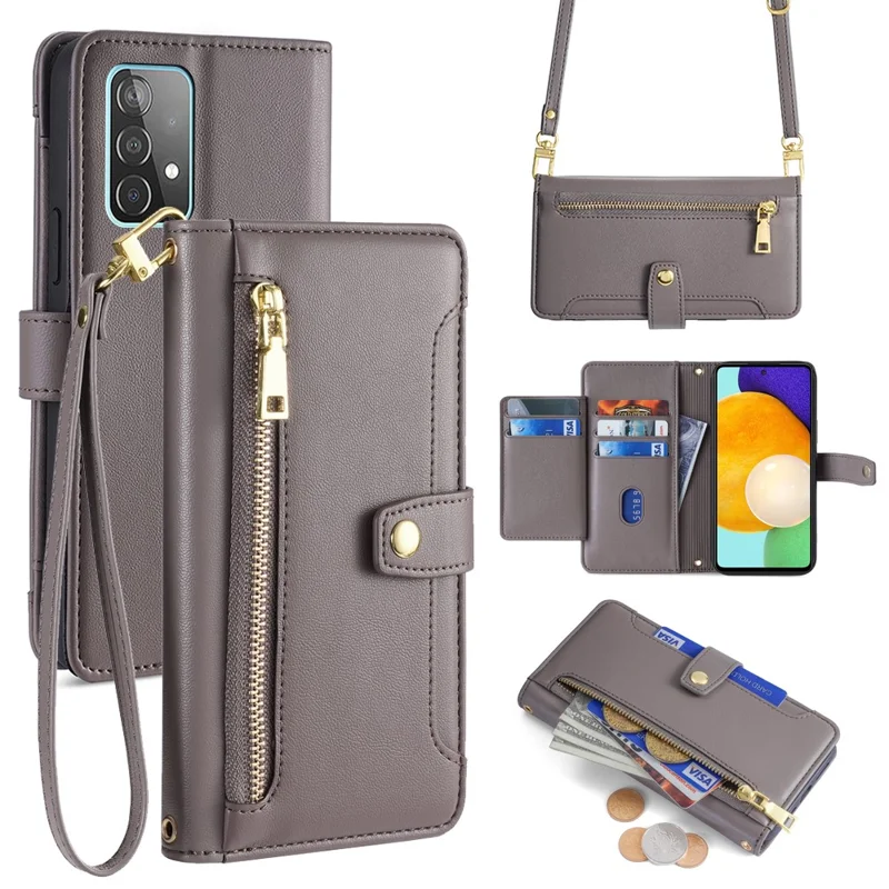 For Samsung Galaxy A52 4G / A52s 5G / A52 5G Case Wallet Leather Phone Cover with Hardware Buckle - Grey