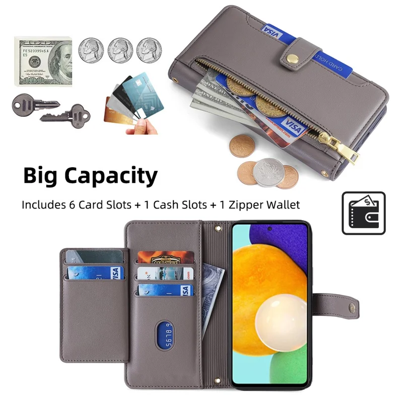For Samsung Galaxy A52 4G / A52s 5G / A52 5G Case Wallet Leather Phone Cover with Hardware Buckle - Grey