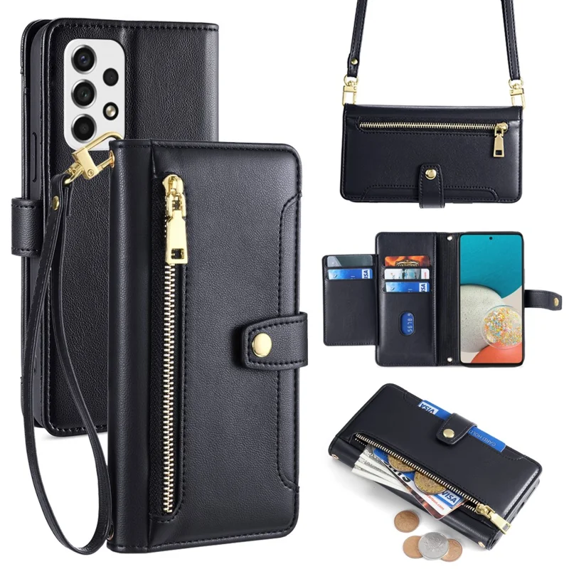 For Samsung Galaxy A53 5G Case PU Leather+TPU Smart Phone Cover with Crossbody Shoulder Strap - Black