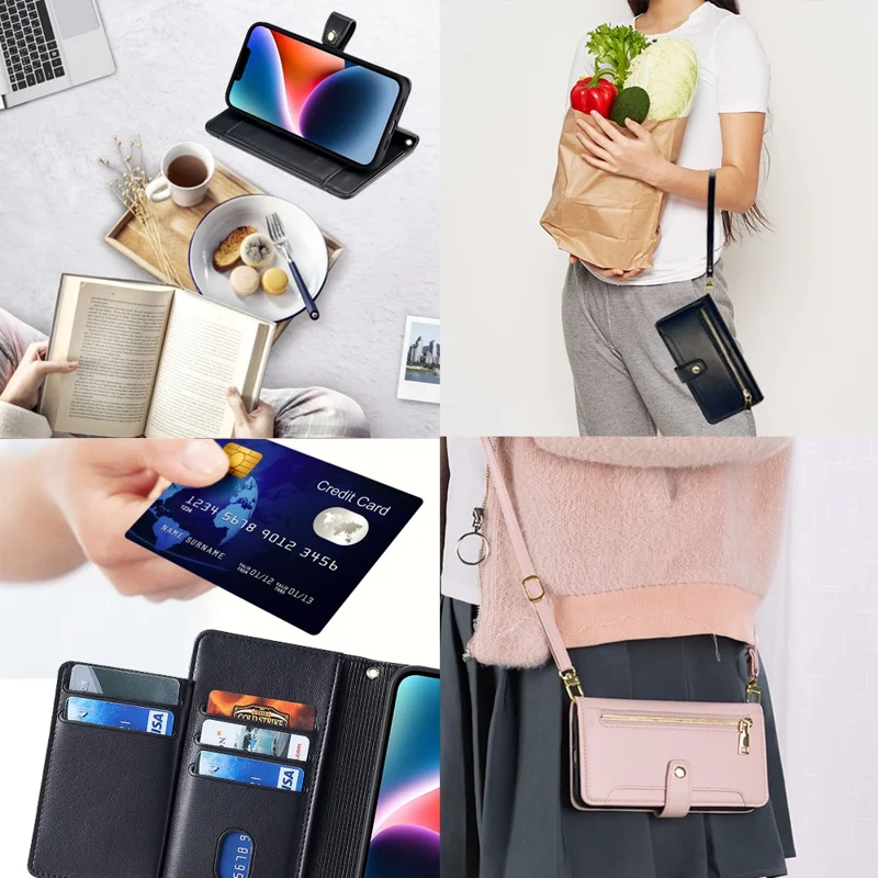 For Samsung Galaxy A53 5G Case PU Leather+TPU Smart Phone Cover with Crossbody Shoulder Strap - Black