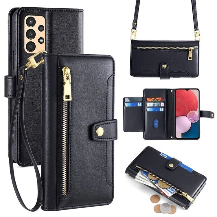 For Samsung Galaxy A13 4G Magnetic Phone Case Anti-drop Leather 6 Card Holders Cover - Black