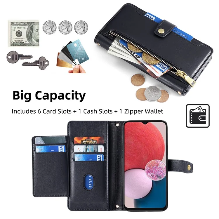 For Samsung Galaxy A13 4G Magnetic Phone Case Anti-drop Leather 6 Card Holders Cover - Black