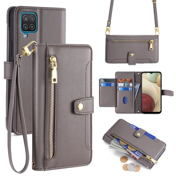 For Samsung Galaxy A12 Magnetic Case Shock Absorbing PU Leather Phone Cover - Grey
