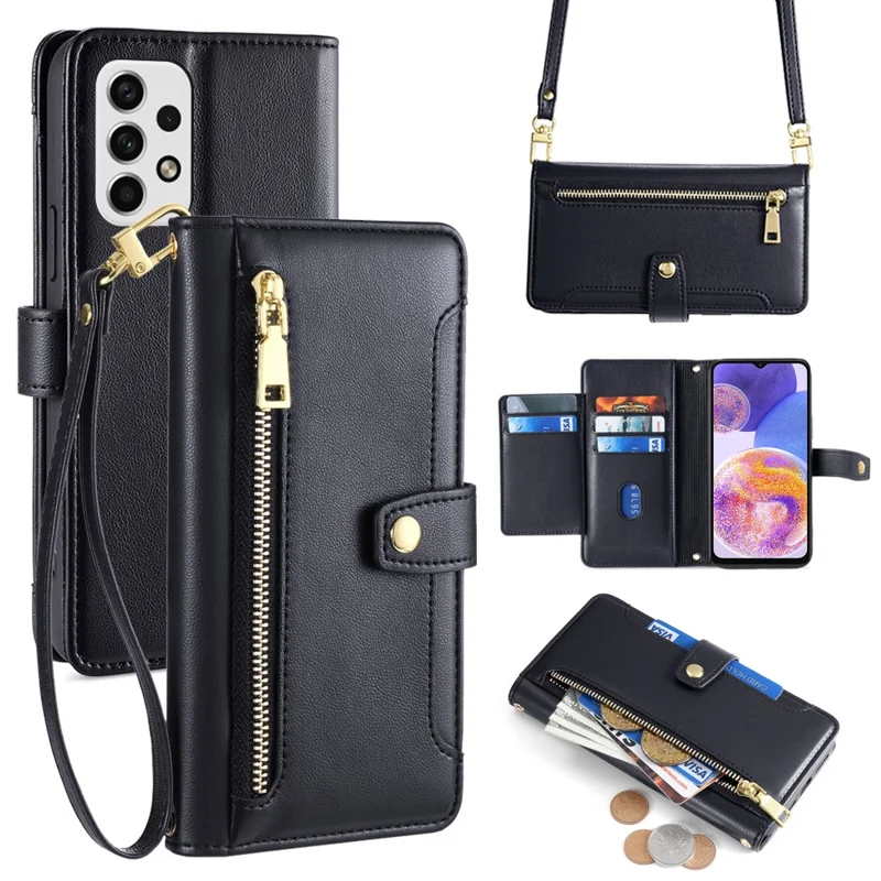 For Samsung Galaxy A23 5G (Global Version) Magnetic Phone Case PU Leather Stand Cover with Wrist Strap - Black