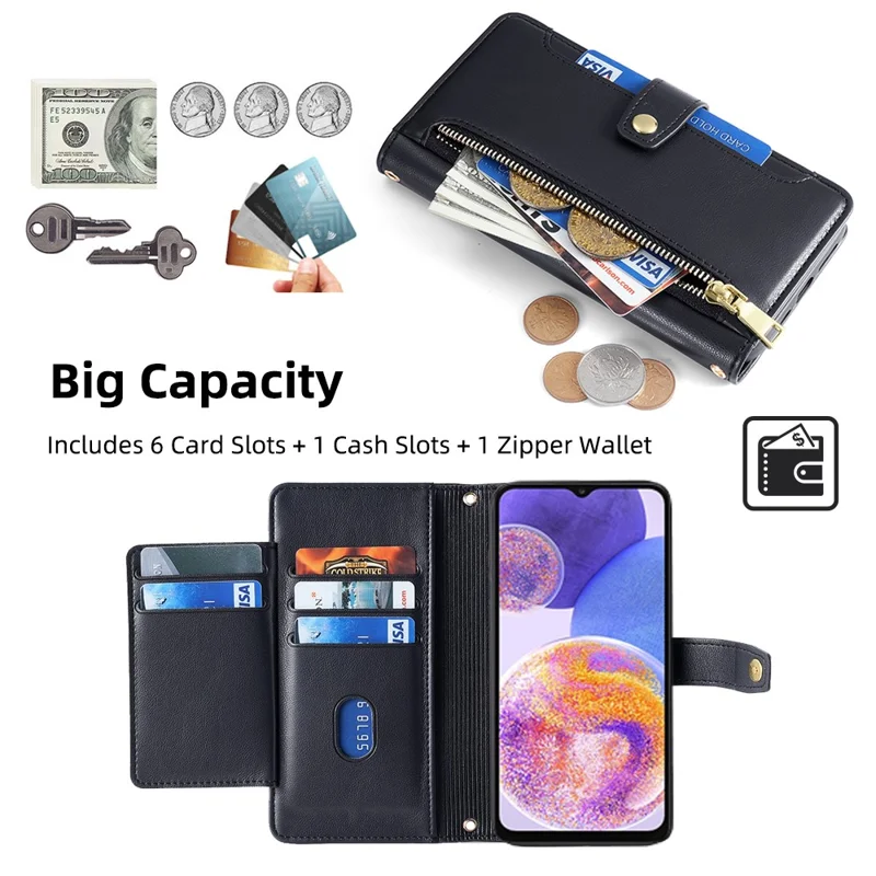 For Samsung Galaxy A23 5G (Global Version) Magnetic Phone Case PU Leather Stand Cover with Wrist Strap - Black