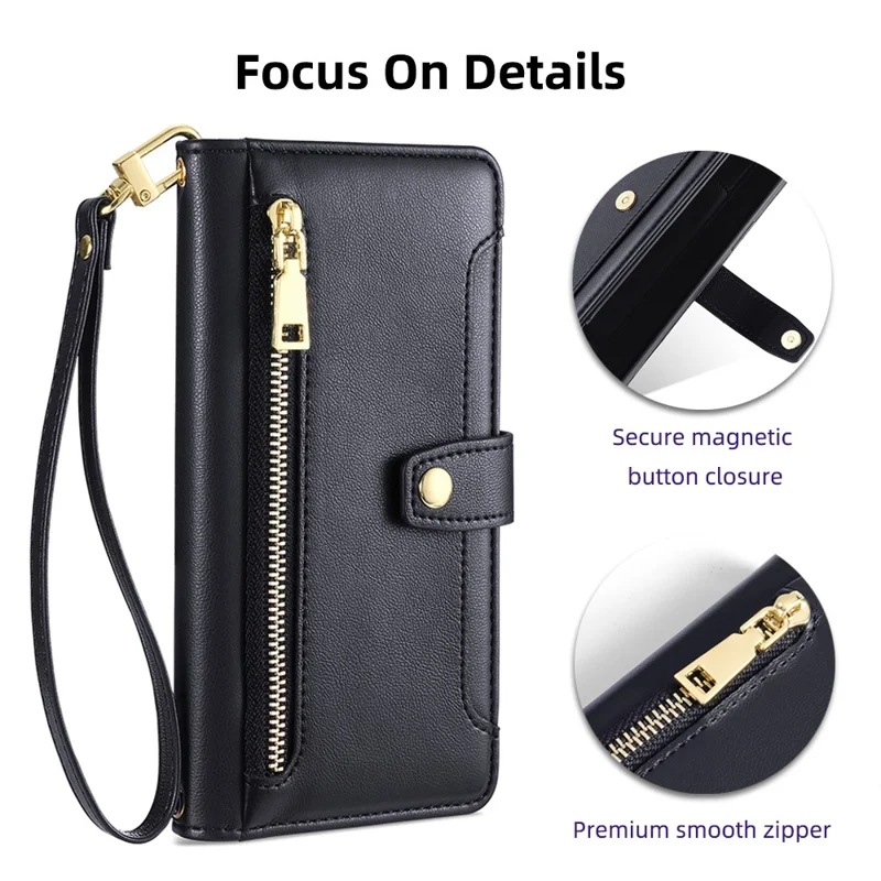 For Samsung Galaxy A23 5G (Global Version) Magnetic Phone Case PU Leather Stand Cover with Wrist Strap - Black