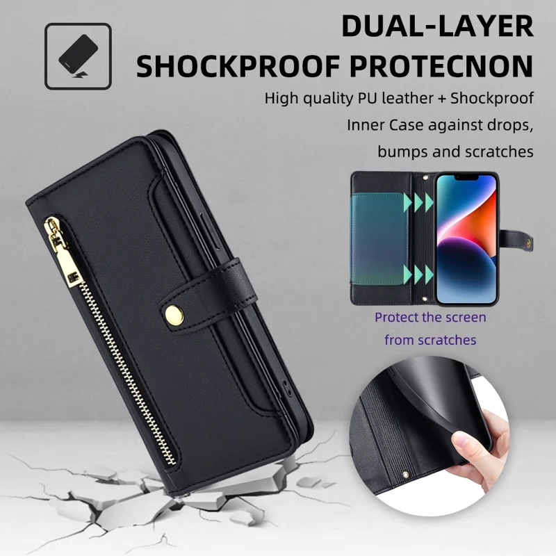 For Samsung Galaxy A23 5G (Global Version) Magnetic Phone Case PU Leather Stand Cover with Wrist Strap - Black