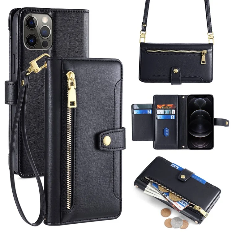 Para iPhone 12 6.1 polegadas / 12 Pro 6.1 polegadas Capa de Telefone Resistente a Arranhões em Couro PU com Suporte Flip - Preto